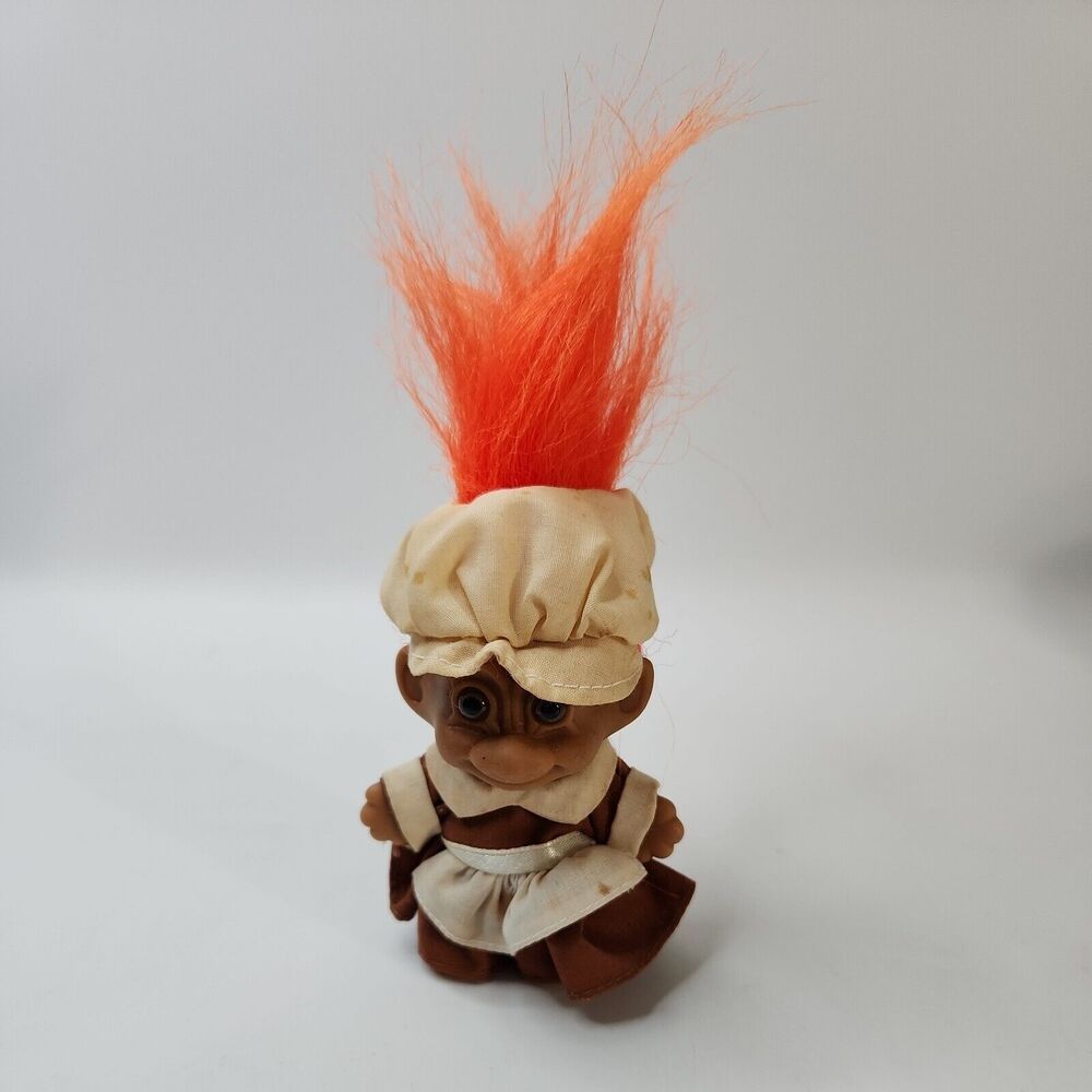 Vintage Russ Troll Doll 3" Thanksgiving Pilgrim Costume Woman Girl Brown Eyes